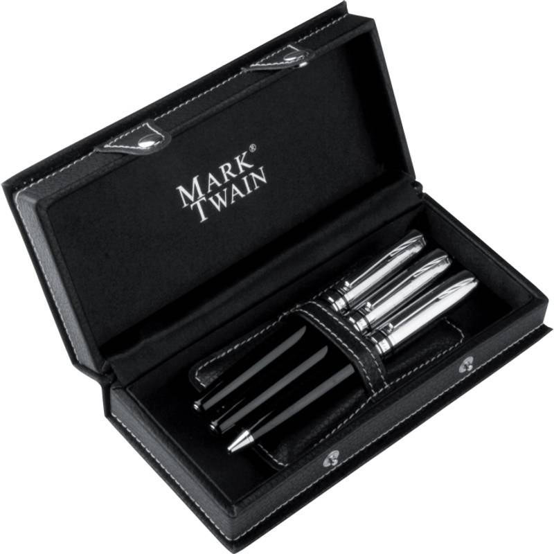 Mark Twain Psací souprava, kuličkové pero, roller a plnicí pero, modrá náplň, černá